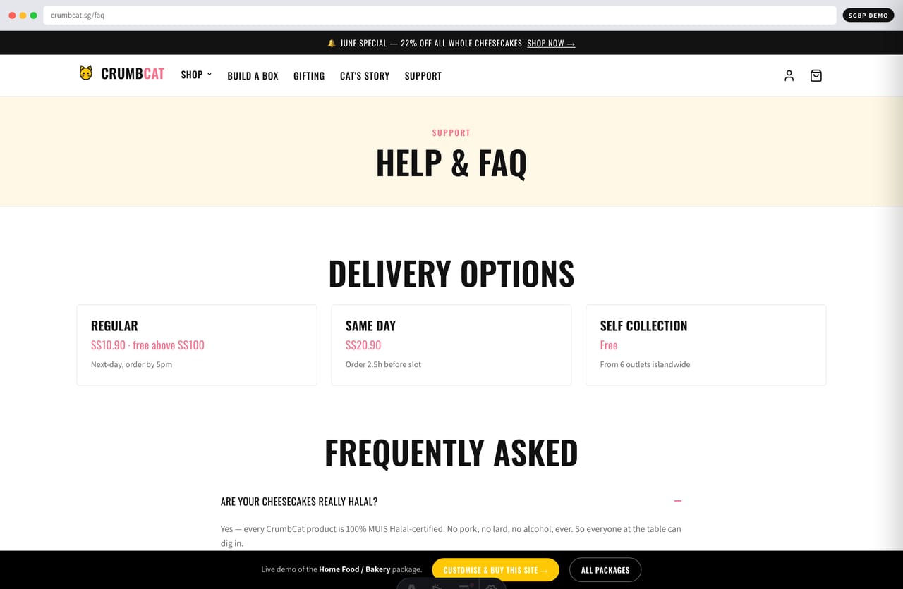 FAQ page covering halal, allergens, storage and delivery on the CrumbCat bakery demo