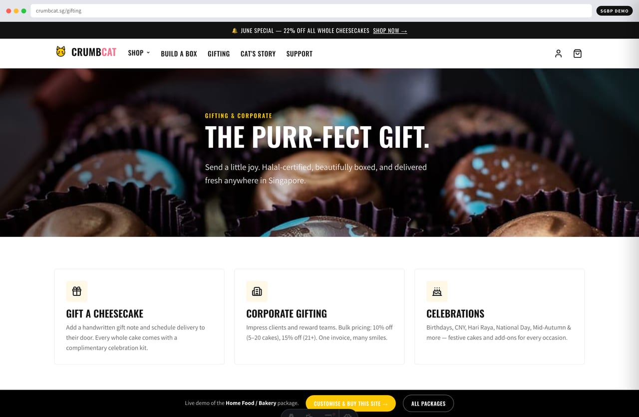 Gifting and corporate bulk-order page on a Singapore halal home-bakery website