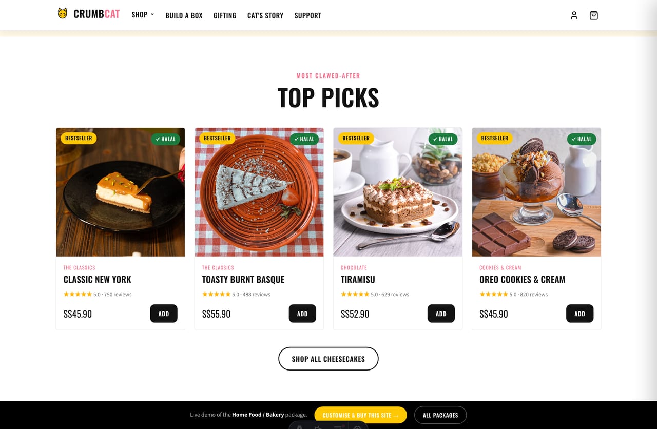 Bestseller cheesecake carousel on the CrumbCat Singapore home-bakery website