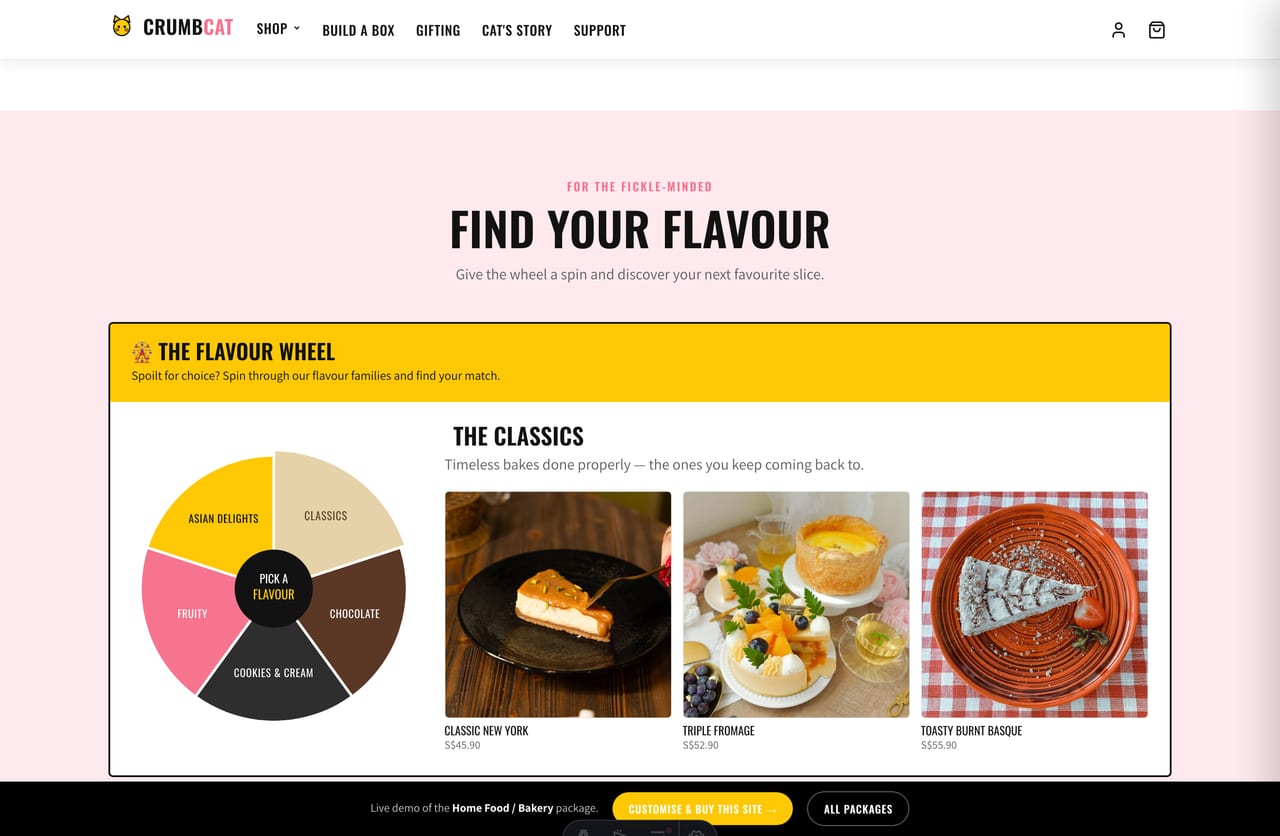 Shop-by-flavour-family tiles on a Singapore halal cheesecake bakery website