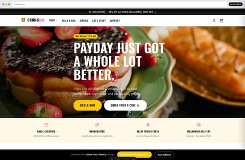 CrumbCat halal cheesecake home-bakery website homepage demo — hero, announcement bar and trust strip (Singapore)