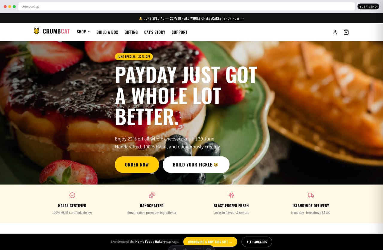 CrumbCat halal cheesecake home-bakery website homepage demo — hero, announcement bar and trust strip (Singapore)