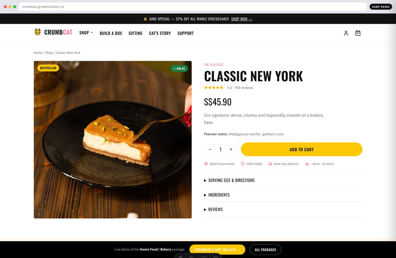 Cheesecake product page with gallery, flavour notes, lead-time pre-order and PayNow checkout (Singapore)