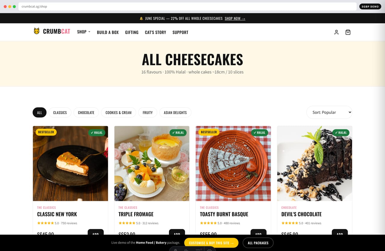 Shop page with filterable cheesecake menu, SGD pricing and add-to-cart on the CrumbCat bakery demo