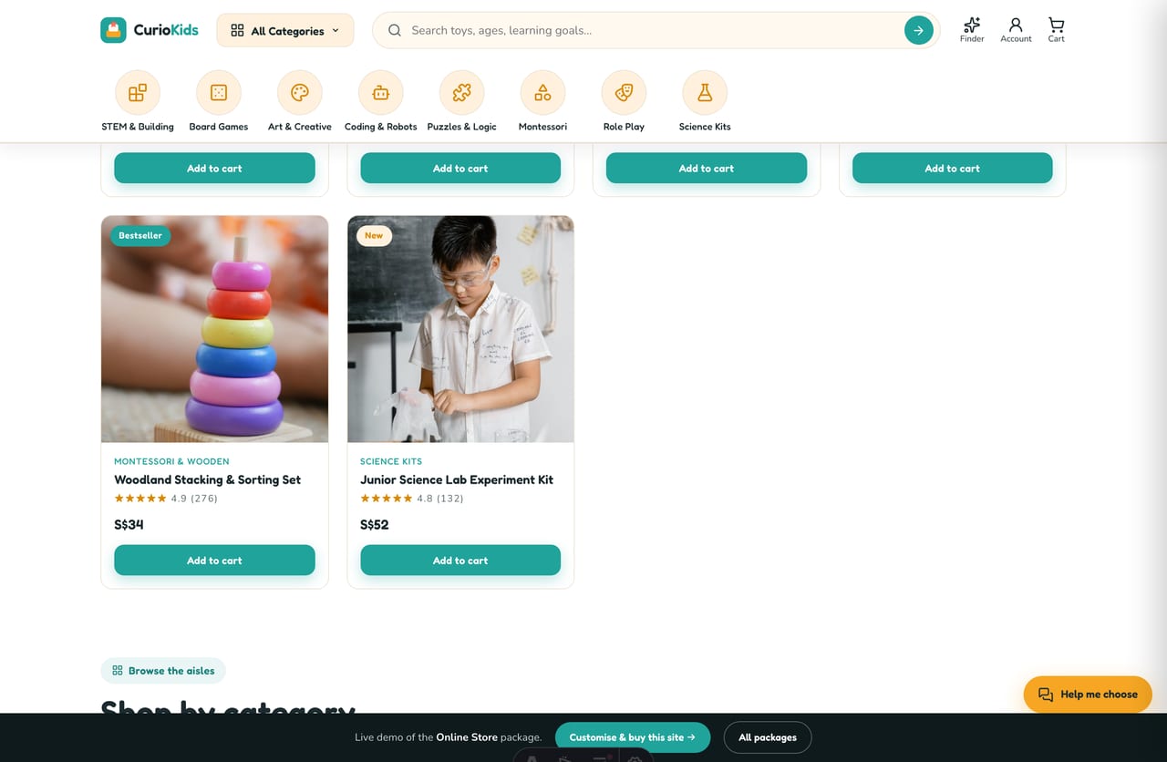 Shop-by-category tiles for a Singapore educational toy store — STEM, board games, art, coding, puzzles, Montessori and science