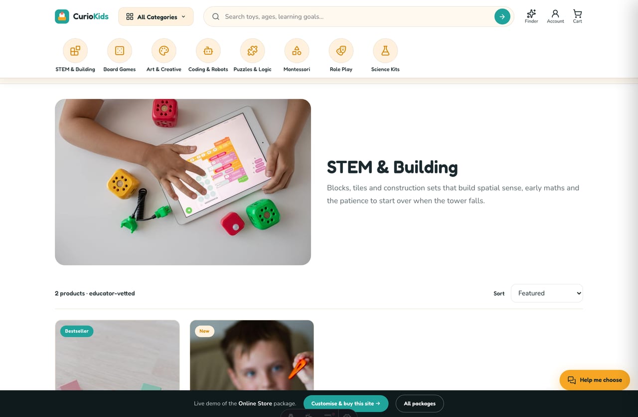 STEM & building collection page on the Singapore educational toy store demo with breadcrumb and toolbar