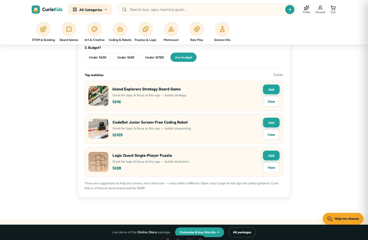 Play & Learn Finder live results matching educational toys by age and learning goal with why-it-fits notes