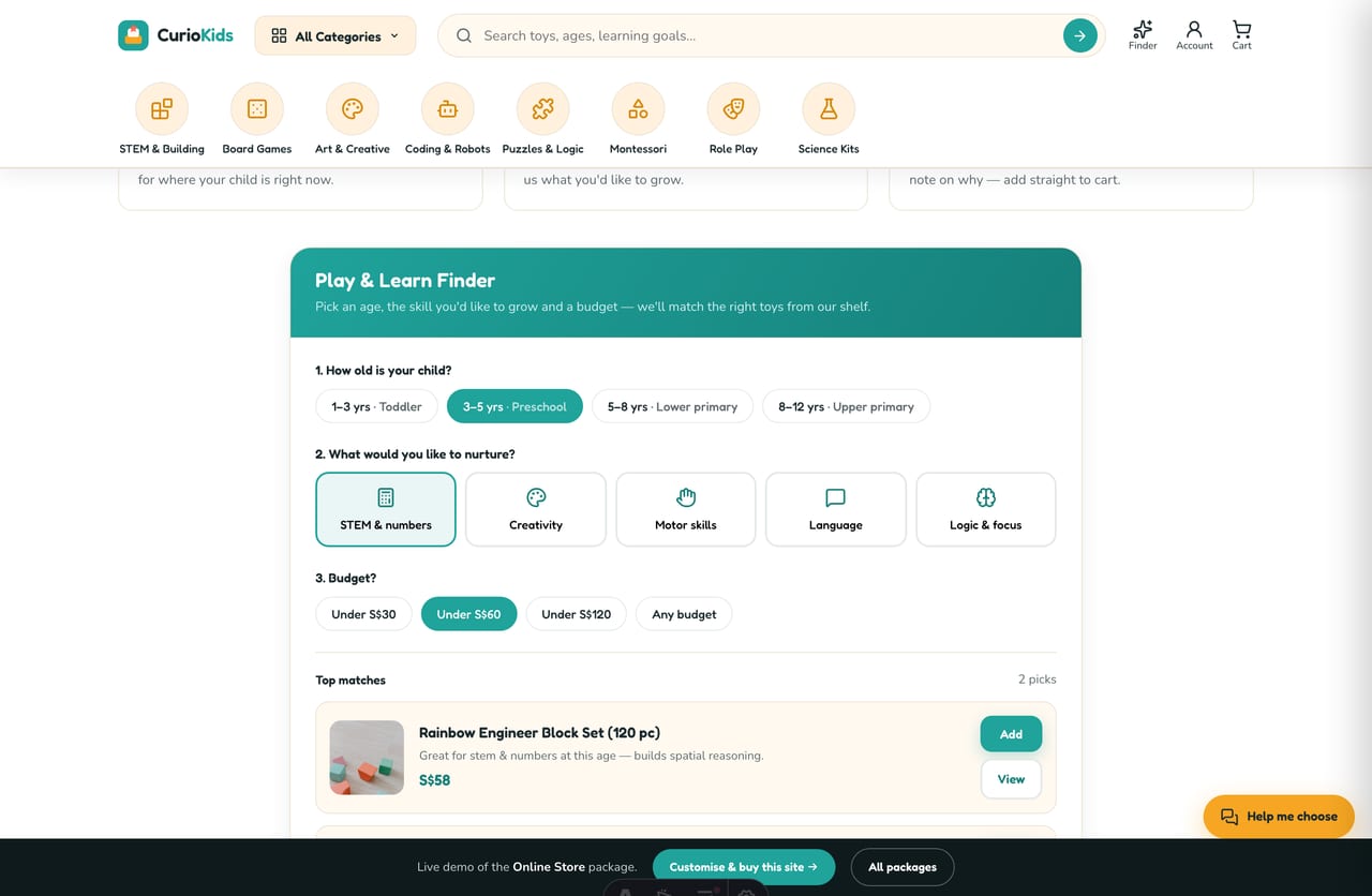 Play & Learn Finder tool on the Curio Kids store — pick age, learning goal and budget