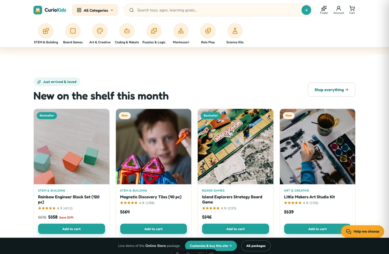 New-arrivals product grid on the Curio Kids educational toy store with sale badges and add-to-cart