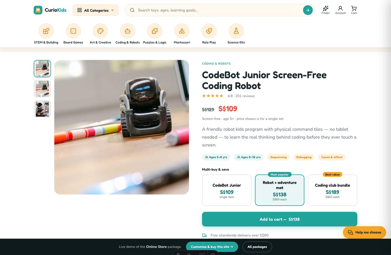 Educational-toy product page with thumbnail gallery, bundle multi-buy discounts, age & skill badges and add-to-cart