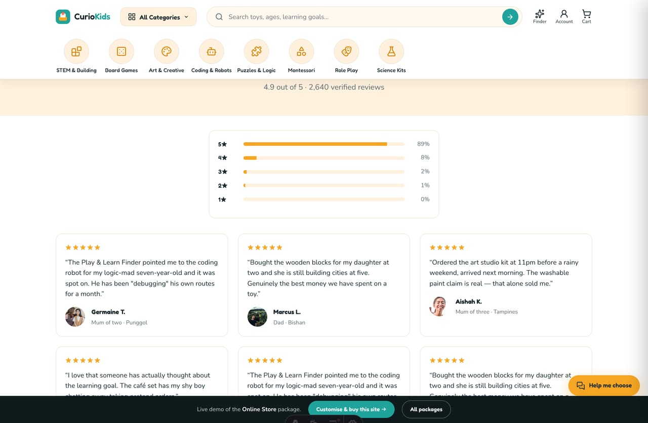 Singapore parent reviews and star ratings on the Curio Kids educational toy store website