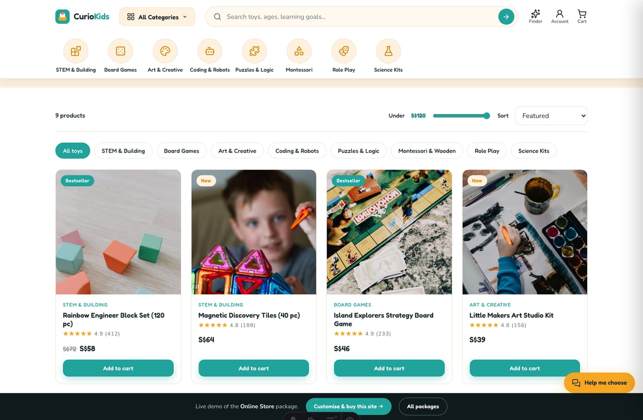 Shop-all page with filterable educational-toy grid, price slider, sort and SGD pricing