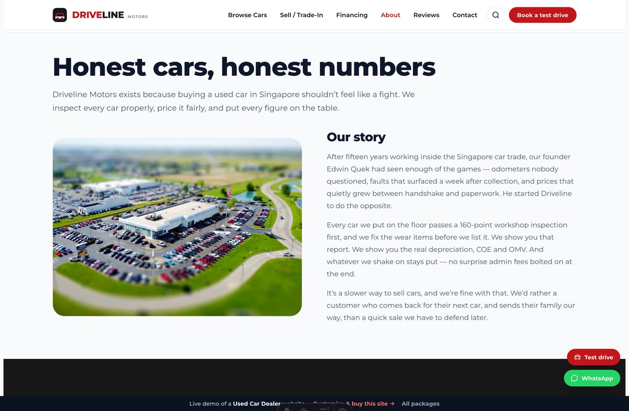 The About page for a Singapore used-car dealership — founder story, trust stats, what-we-stand-by reasons and the team