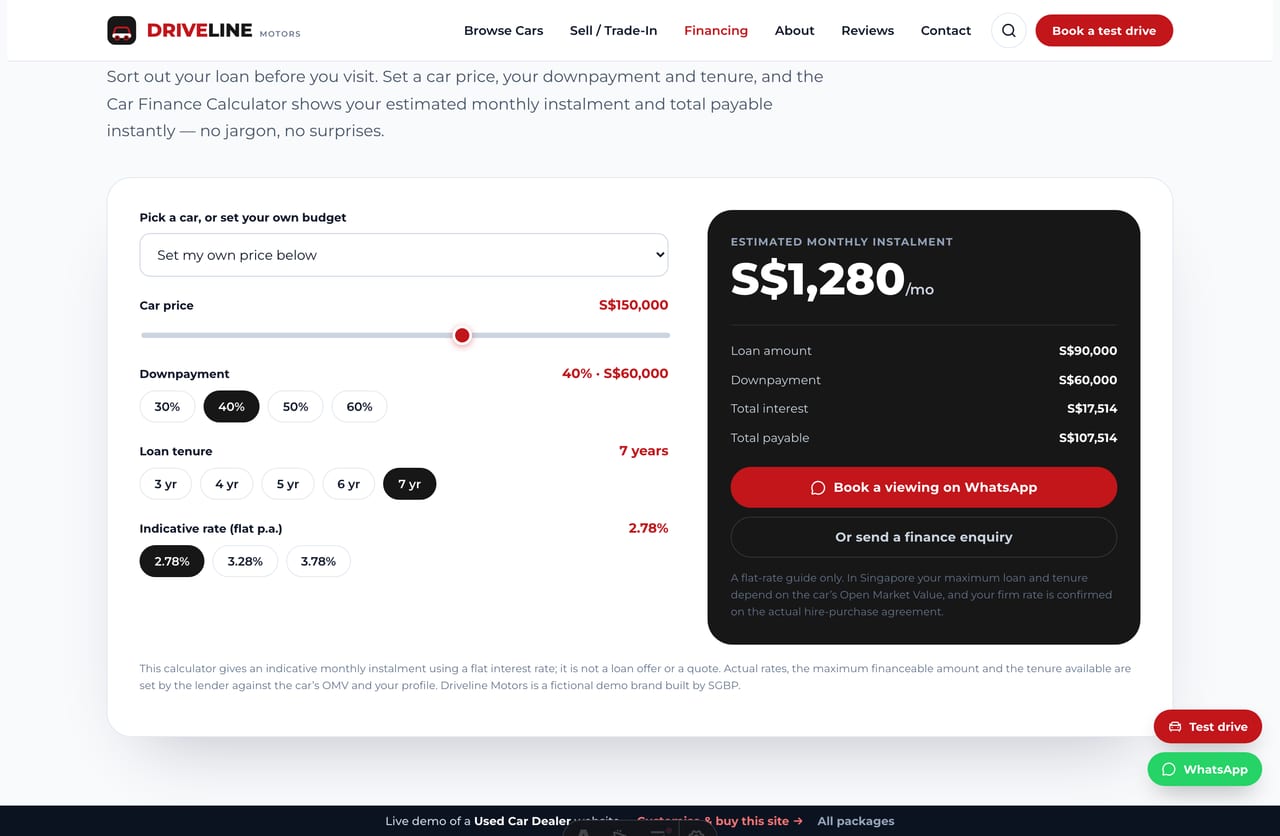 Car Finance Calculator result on a Singapore used-car site — a live monthly instalment, loan, interest and total payable, and a book-a-viewing CTA