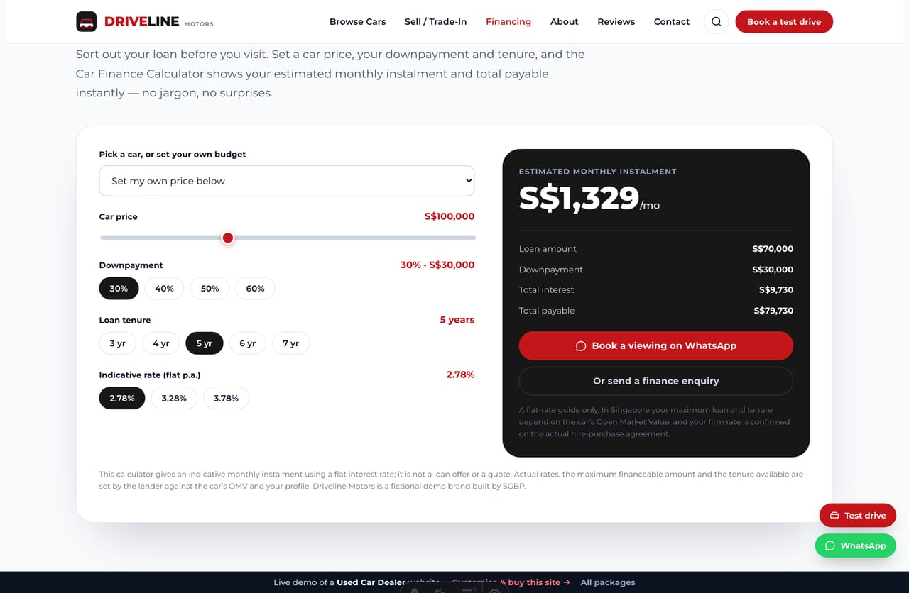 The interactive Car Finance Calculator on the Driveline demo — set a car price, downpayment, tenure and rate for a live monthly instalment