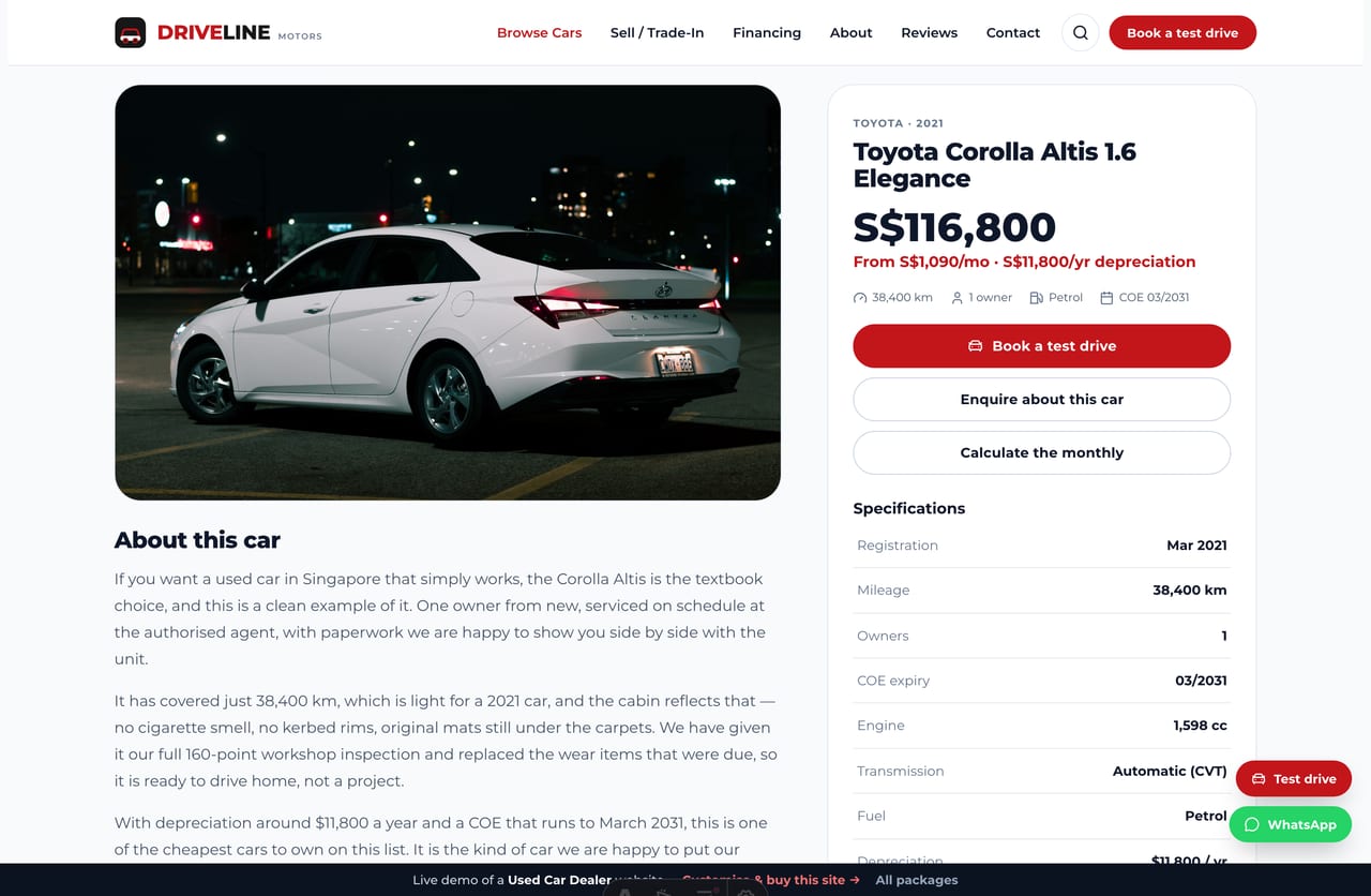 A used-car detail page on the Driveline demo — a car photo, sticky price + monthly-from card, full specifications table and a Book-a-test-drive CTA