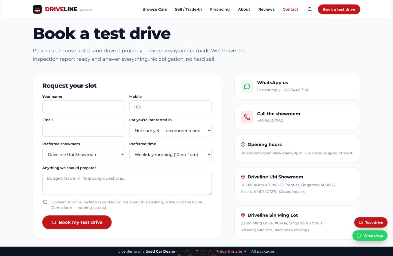 Book-a-test-drive & contact page on the Driveline demo — a PDPA-aware booking form with car, showroom and slot selection plus WhatsApp and call channels, no cart