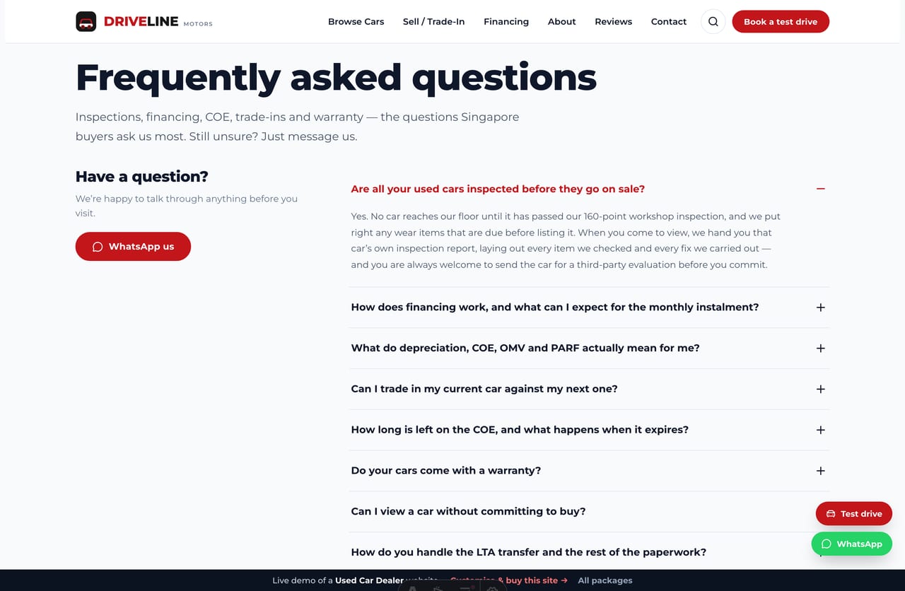 FAQ page on the Driveline demo — an accordion of common used-car buying questions about inspections, financing, COE, trade-ins and warranty