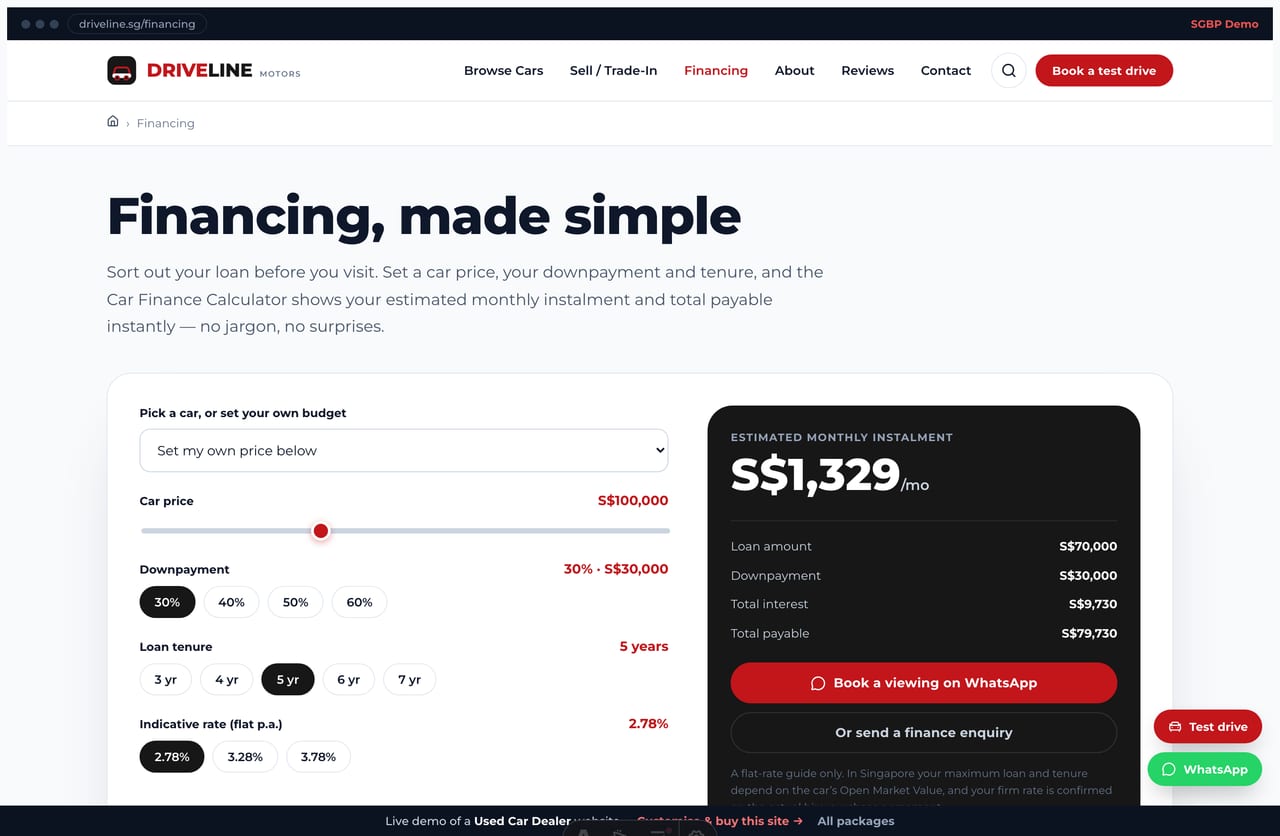 Financing page on the Driveline demo — the Car Finance Calculator plus a plain-English explainer of how car financing, downpayment, tenure and flat rates work in Singapore