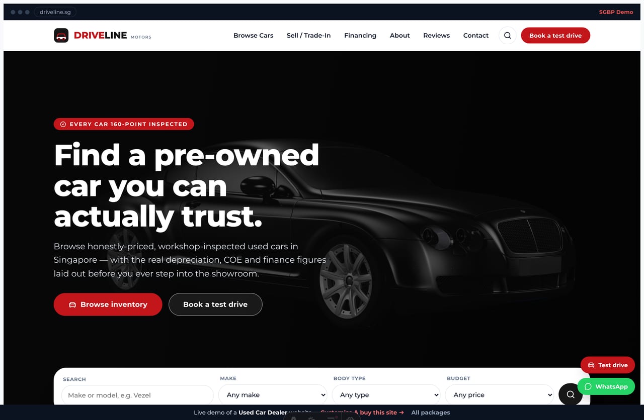 Driveline used-car-dealer Singapore website homepage demo — a full-bleed dark car-photo hero with a floating car-search bar, service tiles and a featured inventory grid