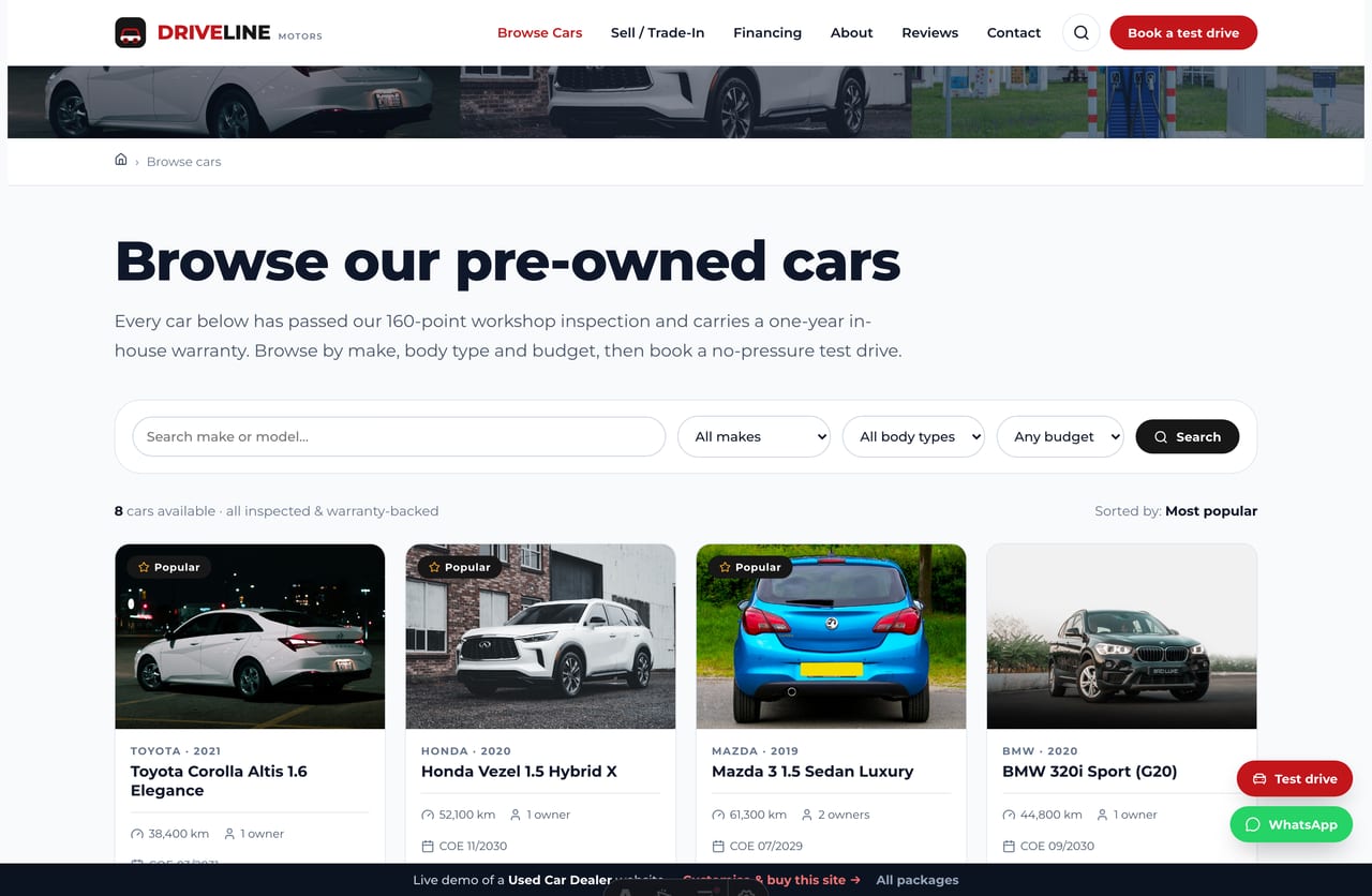 Used-car inventory listing page on the Driveline demo — a 3-tile photo banner, filter bar and a grid of inspected cars with mileage, owners, COE and price