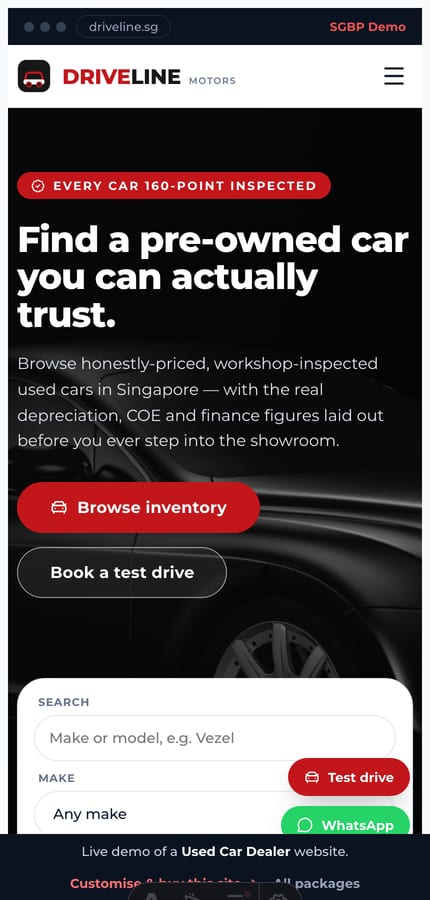 The Driveline used-car-dealer website on mobile — full-bleed car hero and a floating test-drive + WhatsApp contact stack at 430px