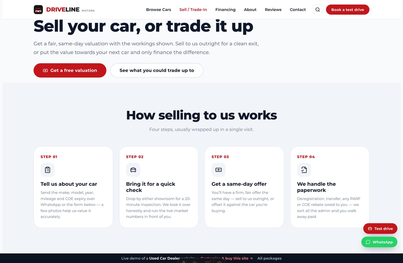 Sell / trade-in page on the Driveline demo — how selling works, a valuation explainer and a PDPA-aware free-valuation form