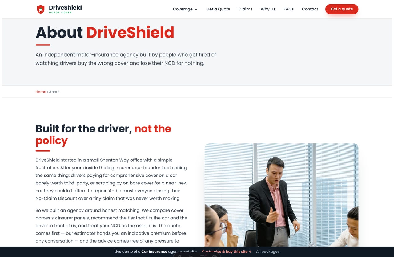 The About page for a Singapore car-insurance agency — founder story, the advisory team and the offices