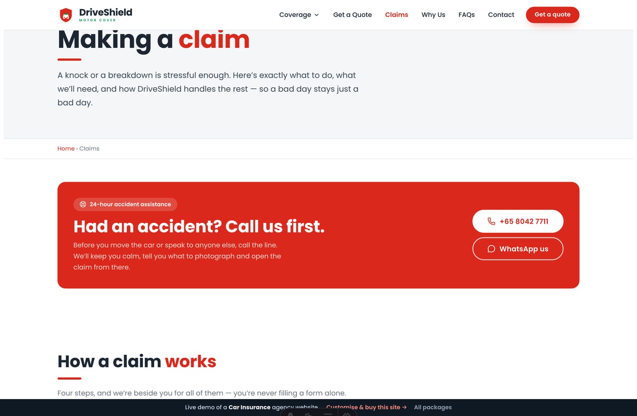 Claims page on the DriveShield demo — a 24h assistance callout, a numbered claim journey and a roadside do / don’t guide