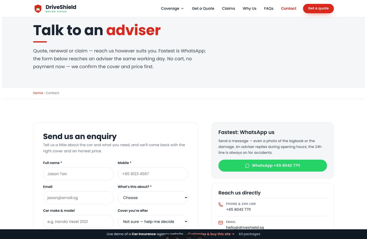 Contact page on the DriveShield demo — a PDPA-aware enquiry form with car, cover and topic selection, plus WhatsApp, no cart