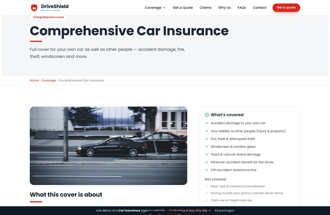 A cover-type detail page on the DriveShield demo — what is covered, what is not, who it suits and a get-a-quote CTA