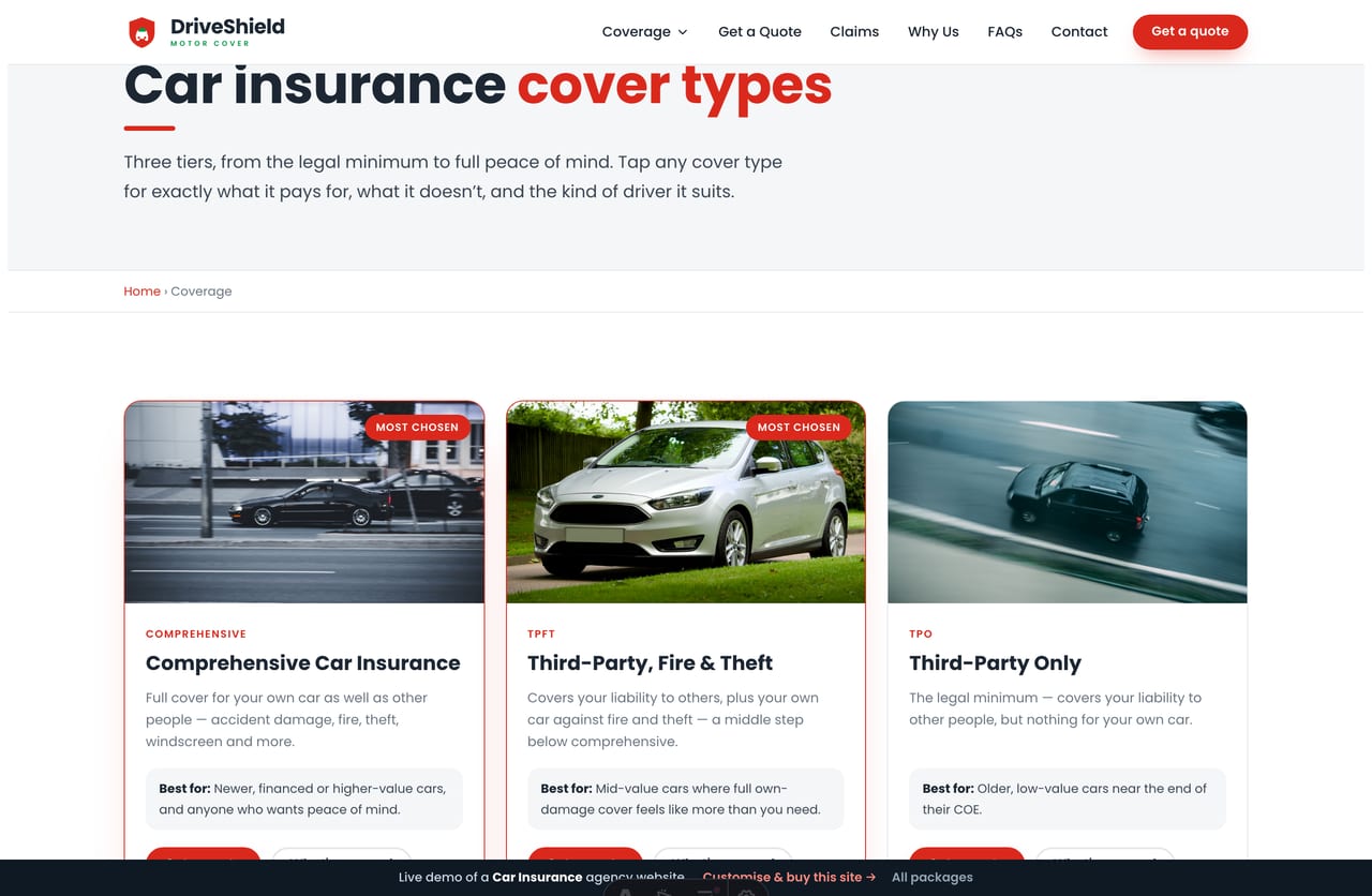 Coverage page on the DriveShield demo — Comprehensive, Third-Party Fire & Theft and Third-Party Only cover types plus optional benefits
