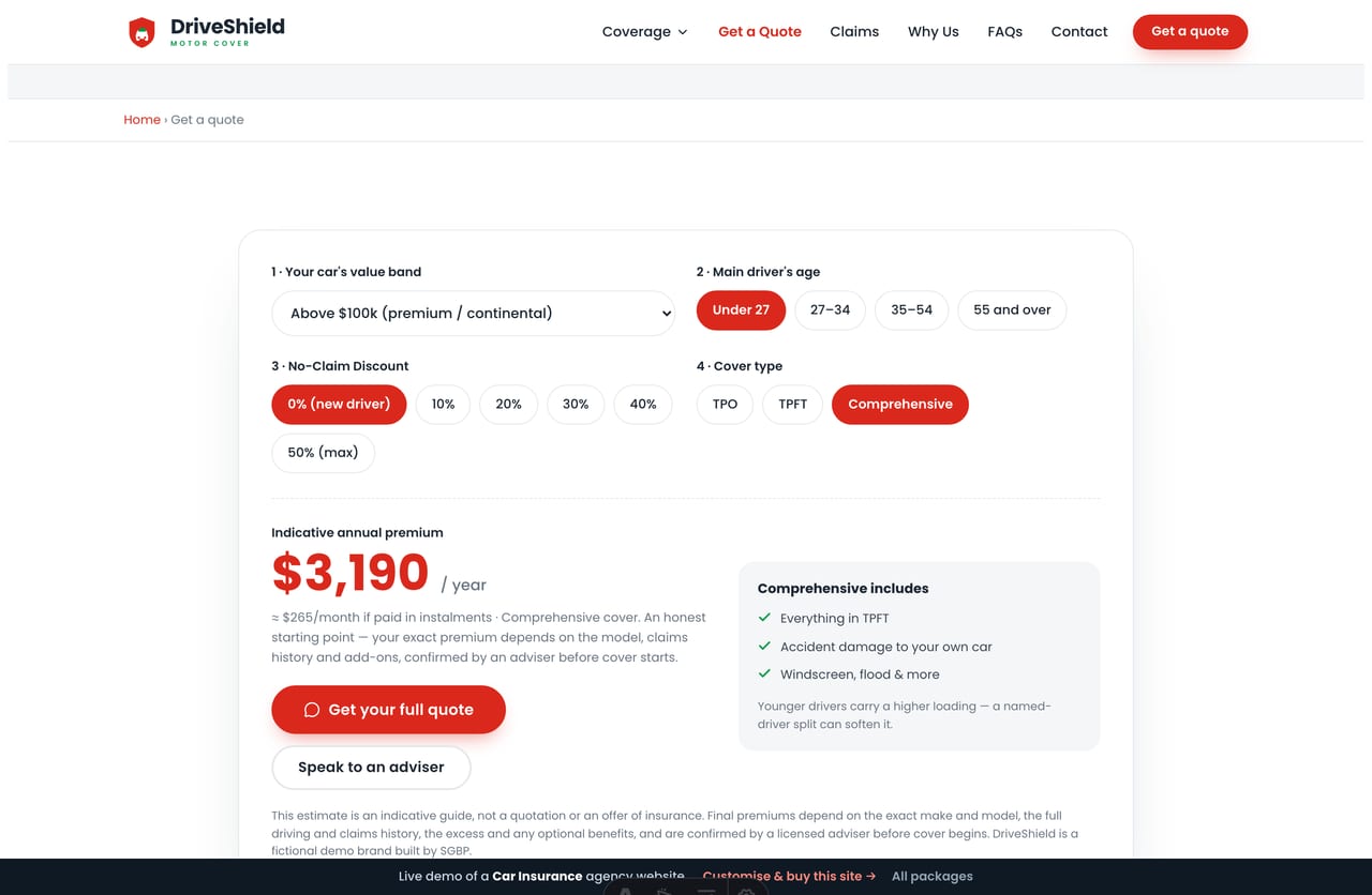 Premium Quote Estimator result on a Singapore car-insurance site — a live indicative annual premium, what is included and a full-quote CTA