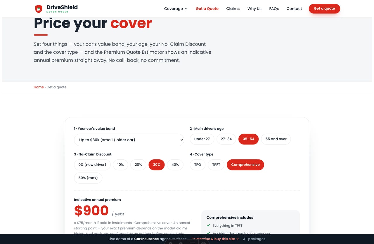 The interactive Premium Quote Estimator on the DriveShield demo — pick car value, age band, NCD and cover type for a live indicative annual premium