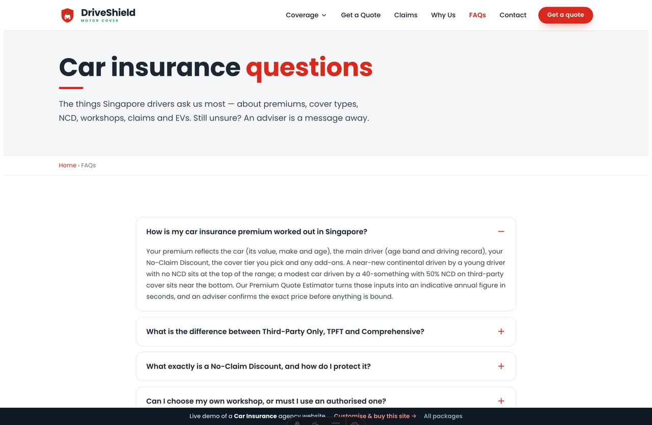 FAQ page on the DriveShield demo — an accordion of common car-insurance questions about premiums, cover, NCD, workshops and claims