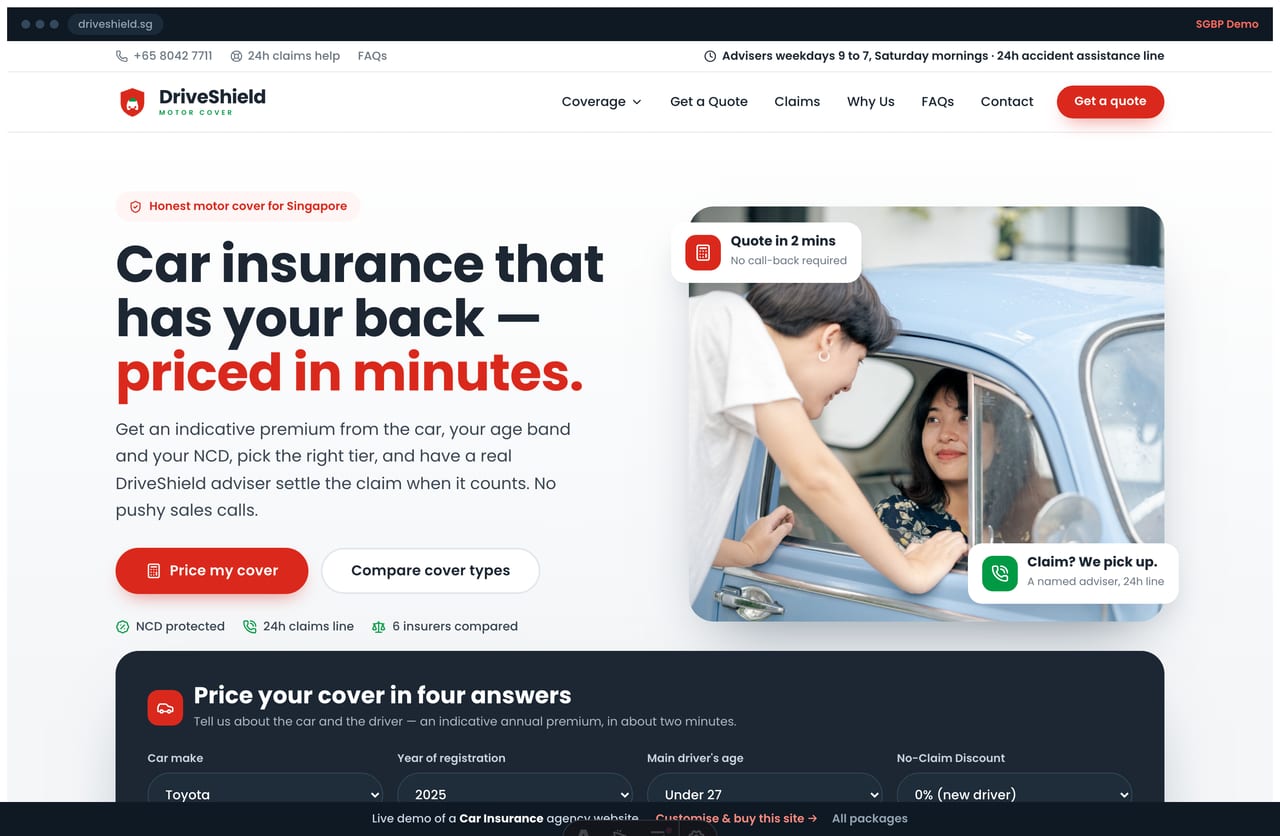 DriveShield car-insurance agency Singapore website homepage demo — a quote-led red hero with a quick-quote form and a cover-type comparison