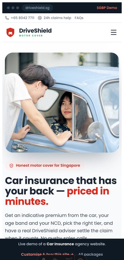 The DriveShield car-insurance website on mobile — quote-led hero and a sticky get-a-quote bar at 430px