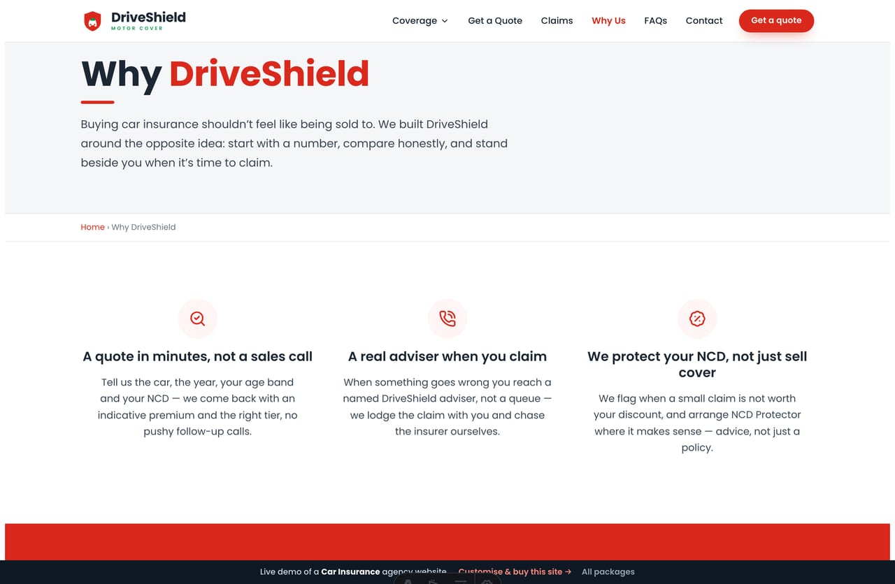 Why-us page on the DriveShield demo — quote-led not call-led, an independent agency comparing insurers, and NCD protection as advice