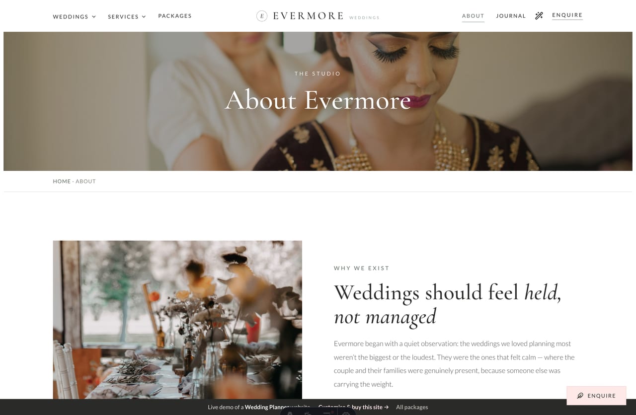 About-the-planners page on the Evermore Weddings demo