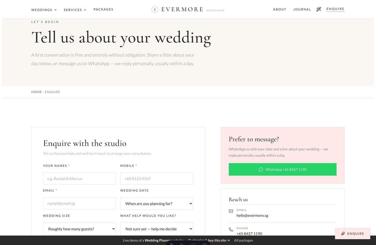 Enquiry and consultation-booking page on a wedding-planner website