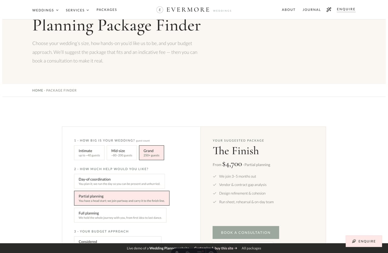 Planning Package Finder showing a recommended package and indicative fee