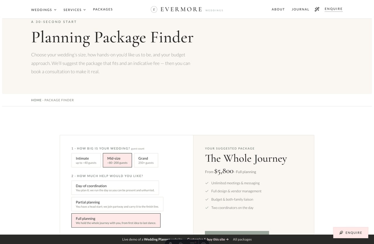 Planning Package Finder tool on a Singapore wedding-planner website