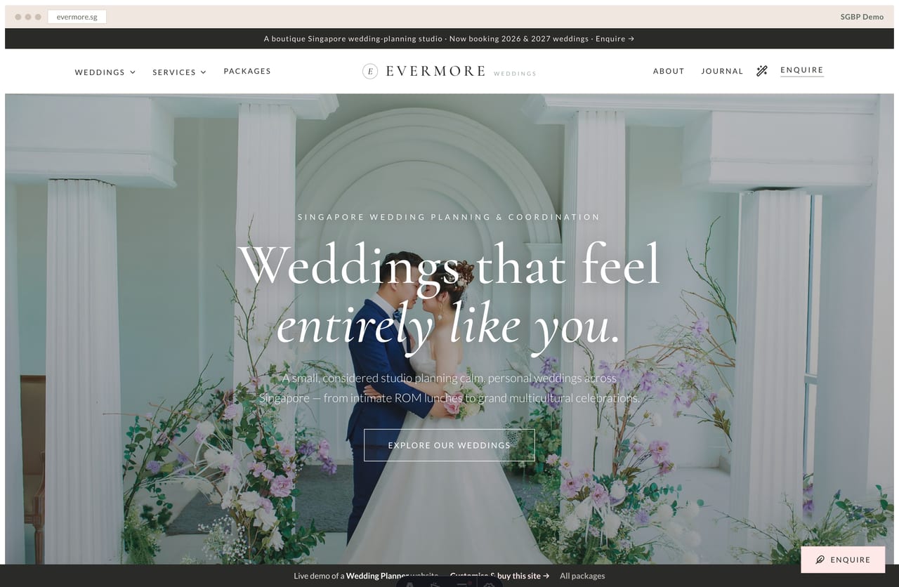 Wedding-planner website homepage demo — full-bleed photo hero and real-weddings portfolio (Singapore)