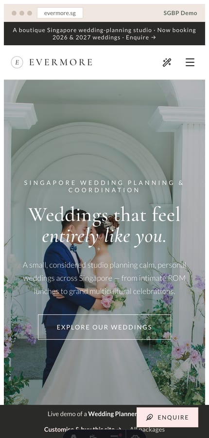 Mobile view of the Evermore Weddings wedding-planner website