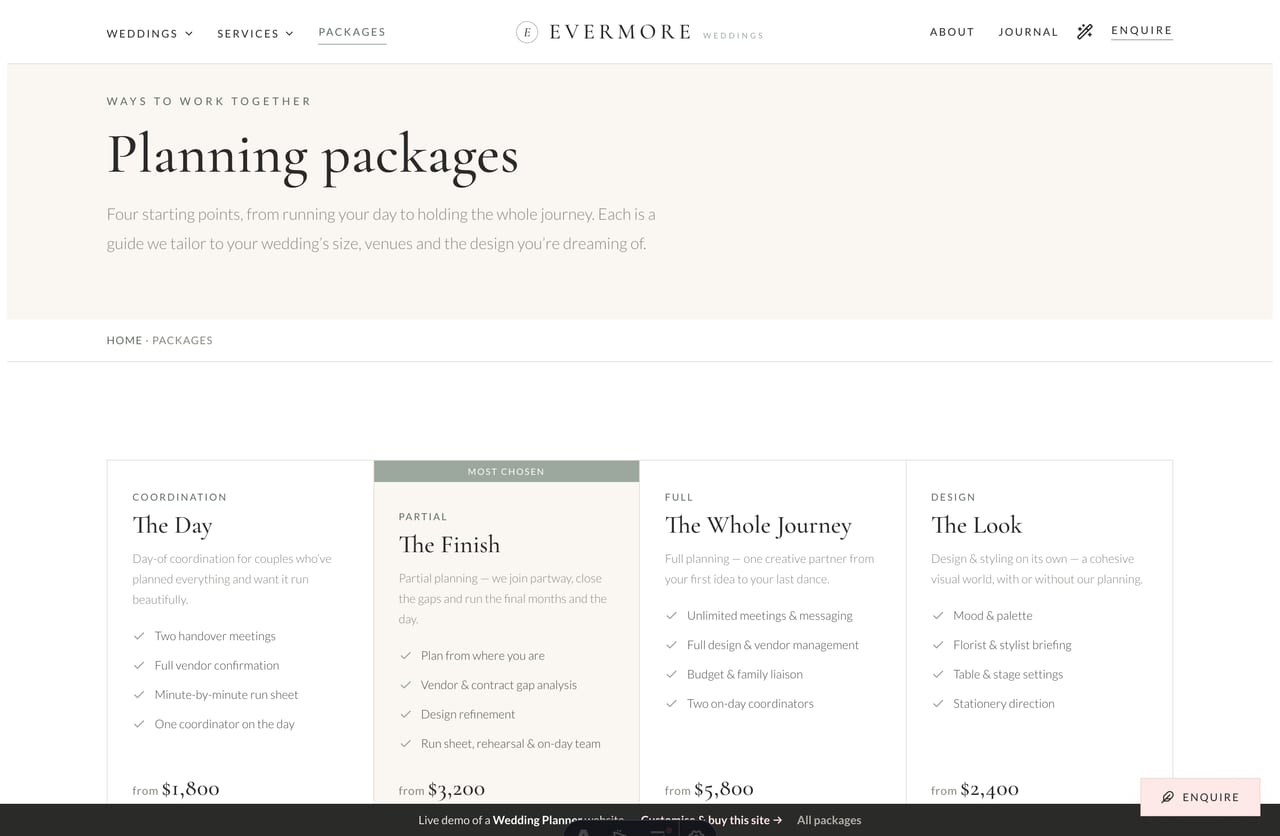 Wedding-planning packages page with indicative SGD fees