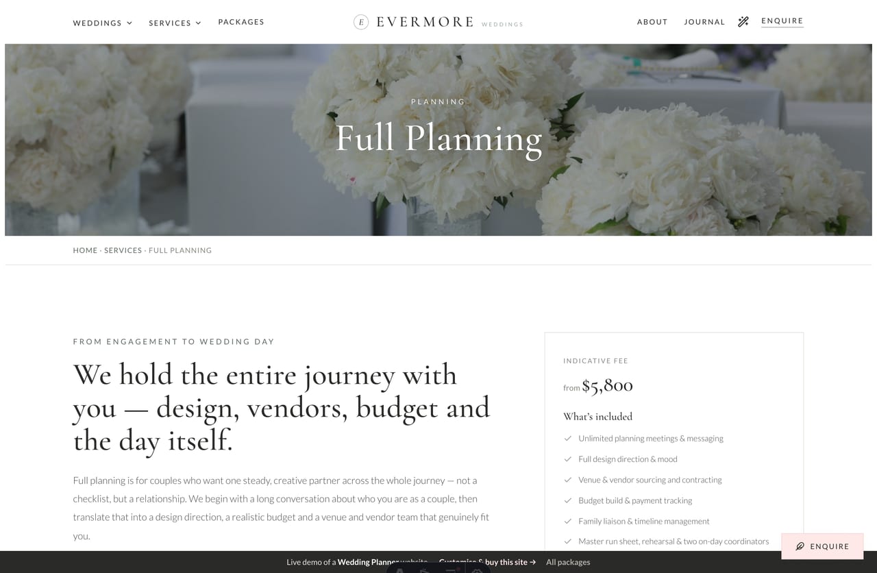 Single planning-service detail page with inclusions and indicative fee