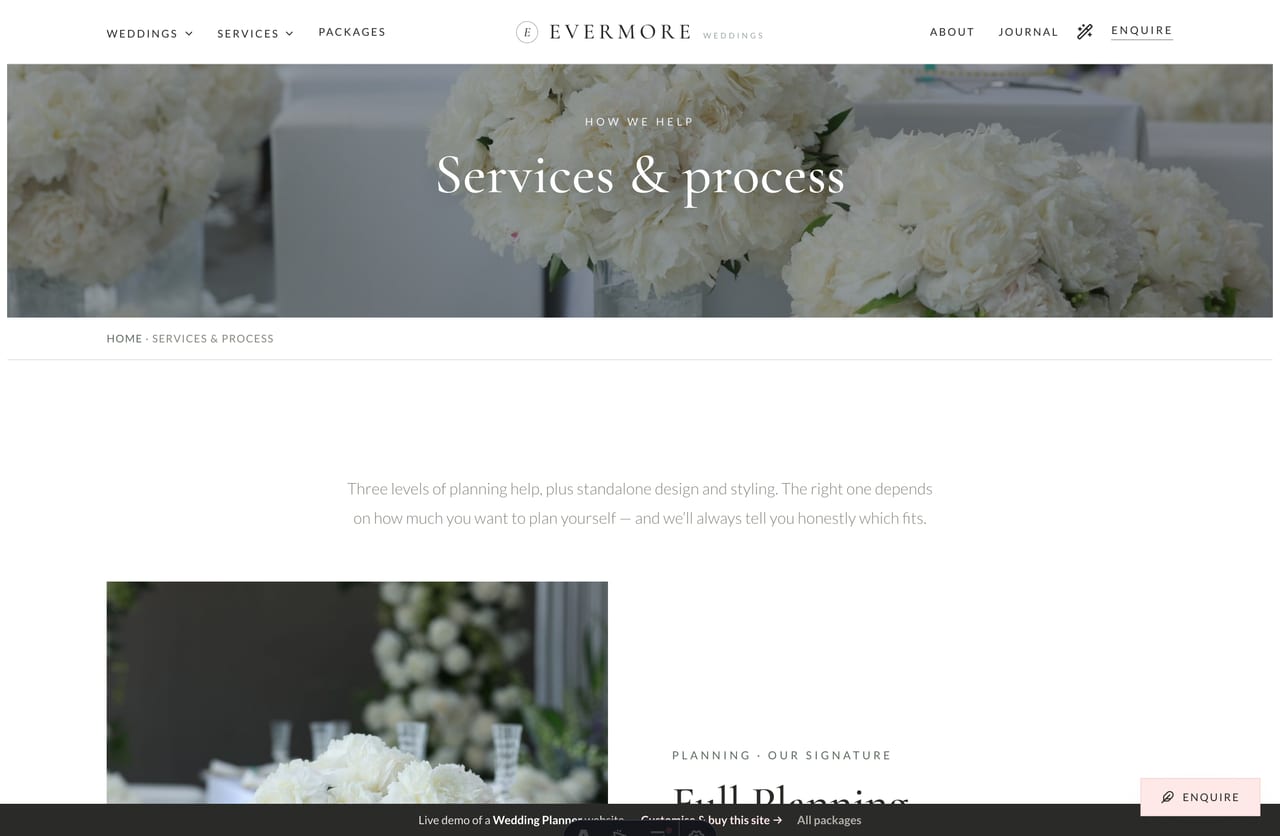 Services and planning process page on a Singapore wedding-planner website