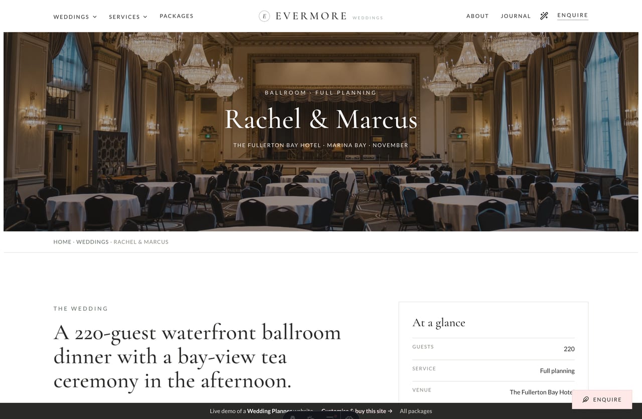 Individual wedding case page with couple story and gallery on a planner website