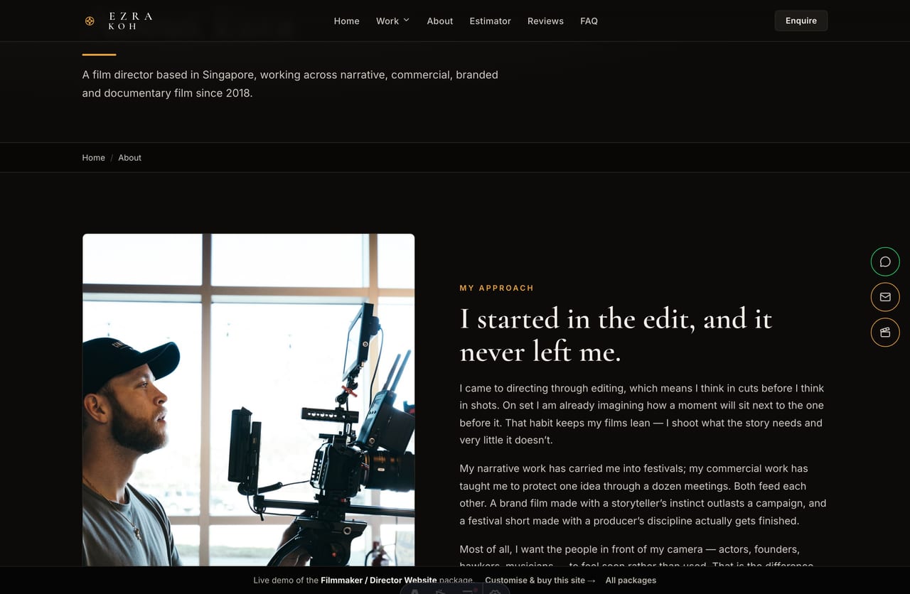 About / director statement page on the Ezra Koh filmmaker portfolio