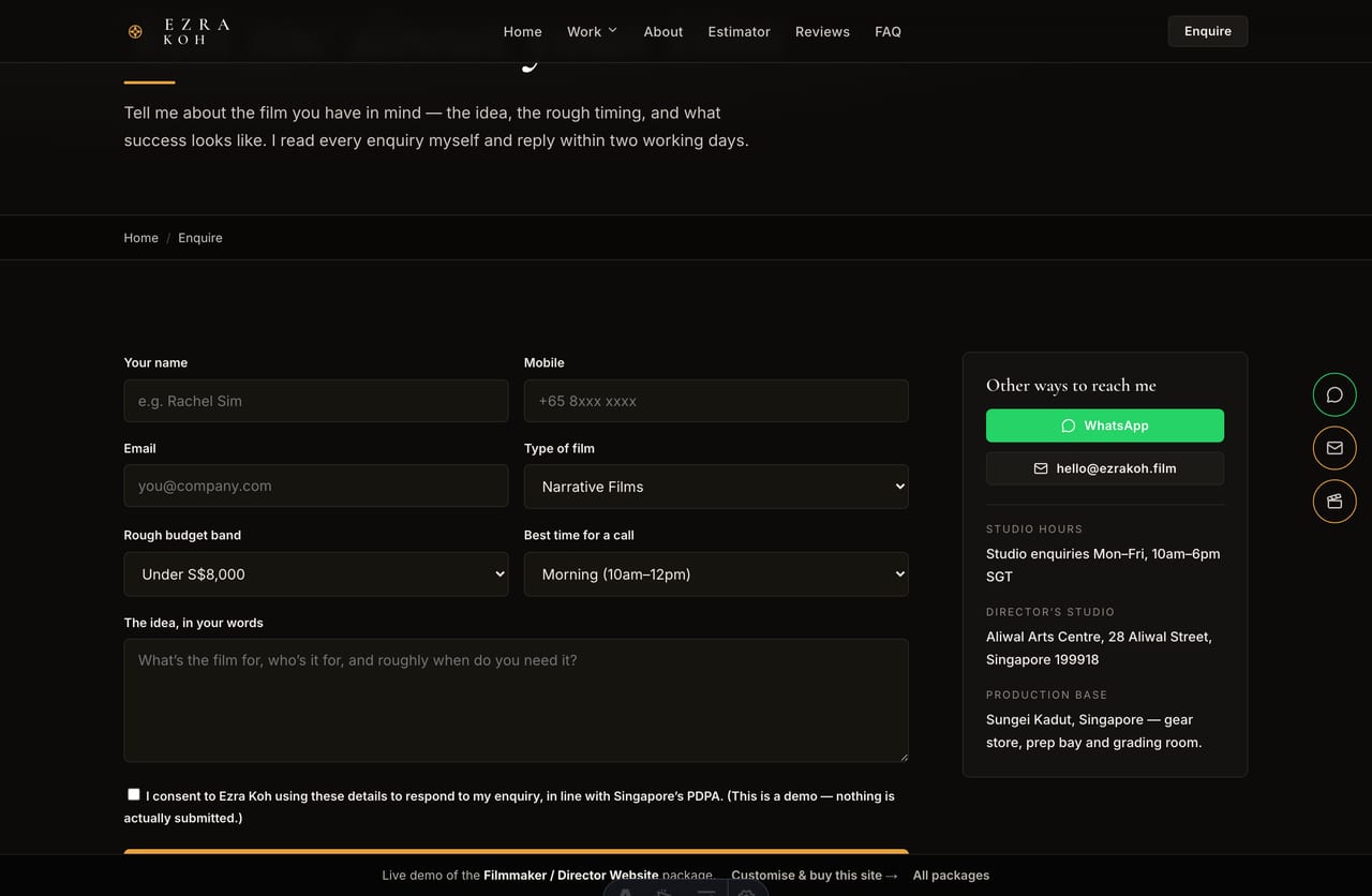 Enquiry booking flow with deposit via PayNow on a director portfolio site